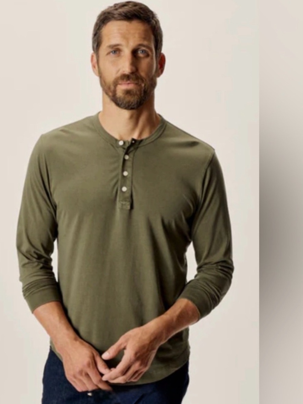 Buck Mason Pima Curved Hem Henley in Olive NWT